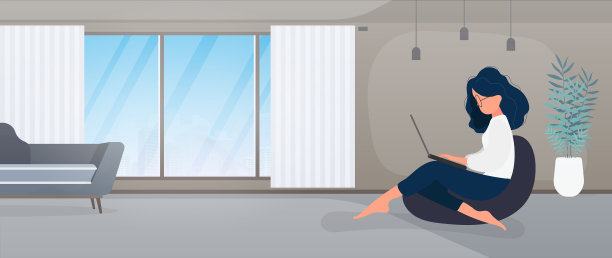 女孩坐在沙发上用笔记本电脑工作图片下载