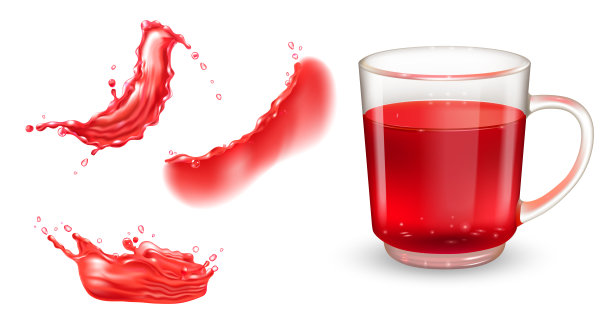 套茶透明杯与红色芙蓉茶和红色液体飞溅。向量现实的设计元素。图片下载