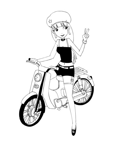快乐的女人骑摩托车卡通涂鸦图片下载