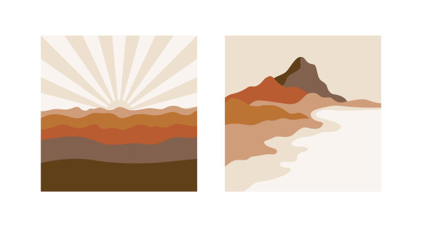 向量正方形插图简单的线条风格-波西米亚抽象打印-简单的自然景观与山脉和丘陵图片下载