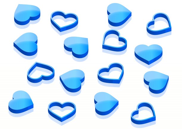 一排浅蓝色心形标记的3D插图图片下载
