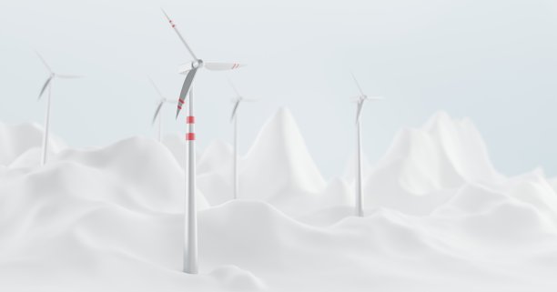 冬季景观与风力涡轮机。可持续能源，未来绿色能源。风车与白色叶片的现实插图，雪山和蓝天，3d渲染图片下载