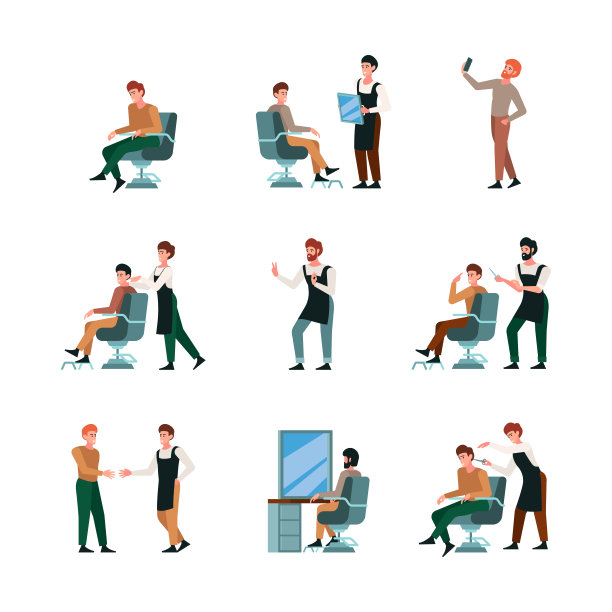 理发店的员工。美发师角色工作在美容院，理发店工具，剃须刀，剪刀，吹风机艳丽的矢量平面插图图片下载