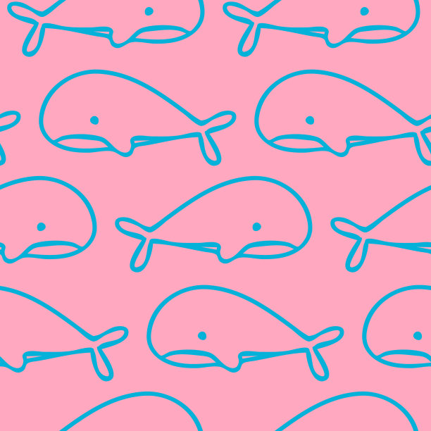 无缝模式鲸鱼蓝色在粉红色的背景。设计面料，纺织品，包装纸，墙纸图片下载