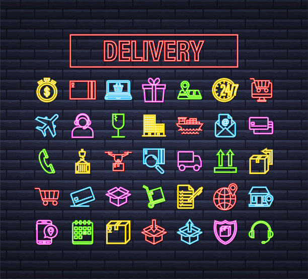 设置送货霓虹灯图标。送货服务。快速的快递。卡车的图标集。矢量插图。图片下载