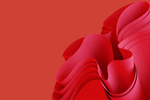 抽象粉红3d渲染波浪对象在红色背景。创意3d物体壁纸图片下载