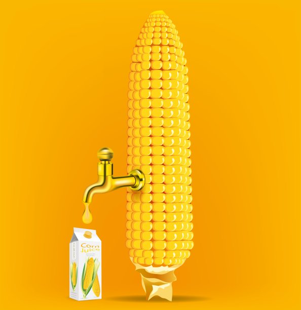 用自来水从玉米蒸馏而成的果汁。果汁包装盒。插图向量图片下载