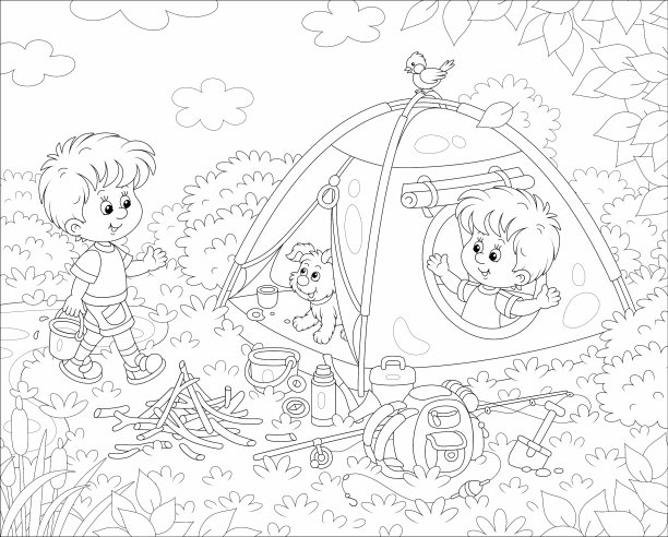 夏令营里小男孩和小狗在一起图片下载