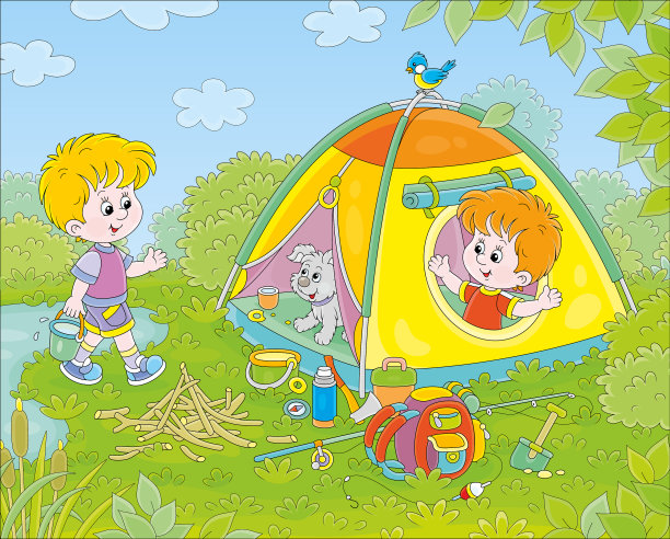 夏令营里小男孩和小狗在一起图片下载