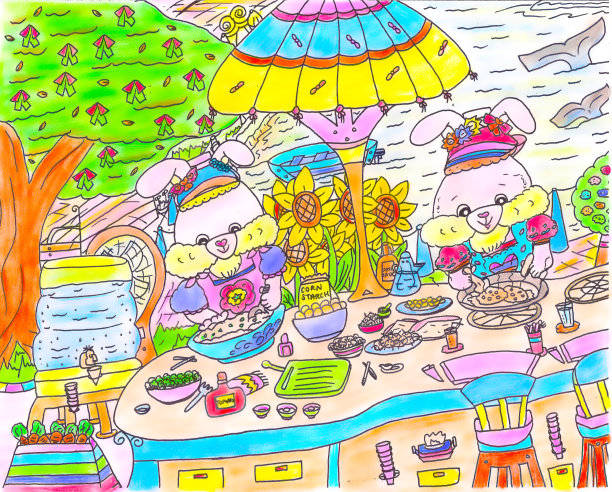 明亮的卡通兔兔家庭在大排档准备和烹饪食物由海滨儿童彩色艺术插图2021图片下载