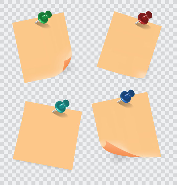 彩色便利贴纸与推针透明背景图片下载