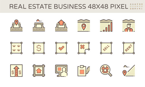 房地产业务矢量图标集设计。48x48像素完美和可编辑的线条描边。图片下载