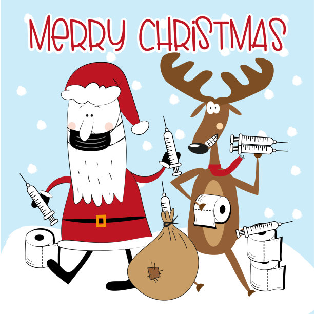 圣诞快乐——戴着面具的圣诞老人，带着疫苗的驯鹿和雪地背景上的厕纸。图片下载