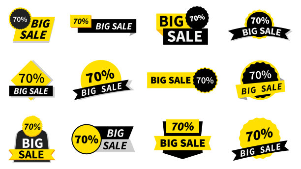 70%，销售标签收集。特别优惠，大销售，折扣，最好的价格，巨型销售横幅集。购物或网上购物。贴纸，徽章，优惠券，商店。矢量图图片下载