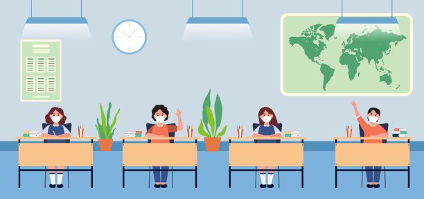 返校新常态生活方式横幅课堂上保持社交距离概念、预防提示信息图男孩和女孩戴着面具坐在桌子上图片下载