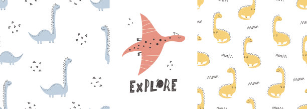 可爱的恐龙图案与字母-手绘幼稚的恐龙无缝图案设计图片下载