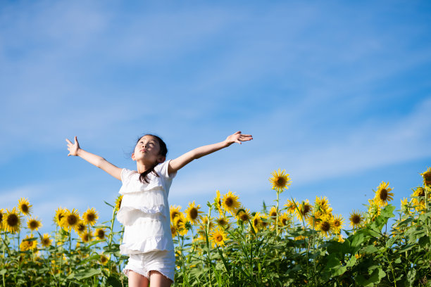 一个女孩在向日葵地里玩耍图片下载