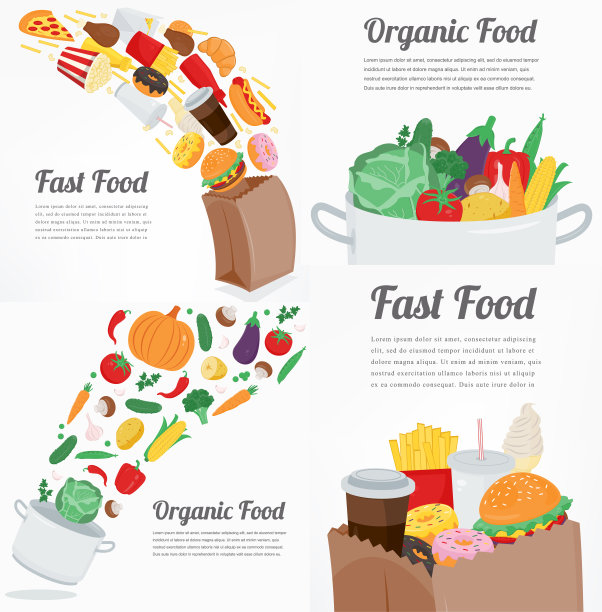 健康食品和垃圾食品背景收集。向量图片下载