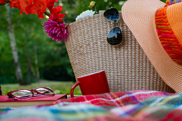 野餐的一些项目的照片，在一个晴朗的日子放松，书，野餐毯子，帽子，野餐篮子。图片下载