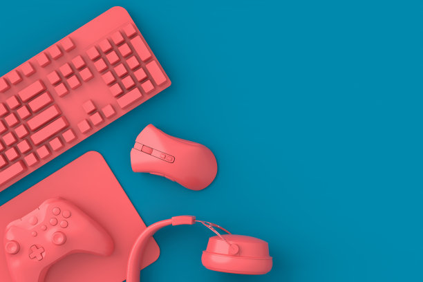 俯视图玩家的工作空间和齿轮，如鼠标，键盘，操纵杆，耳机图片下载