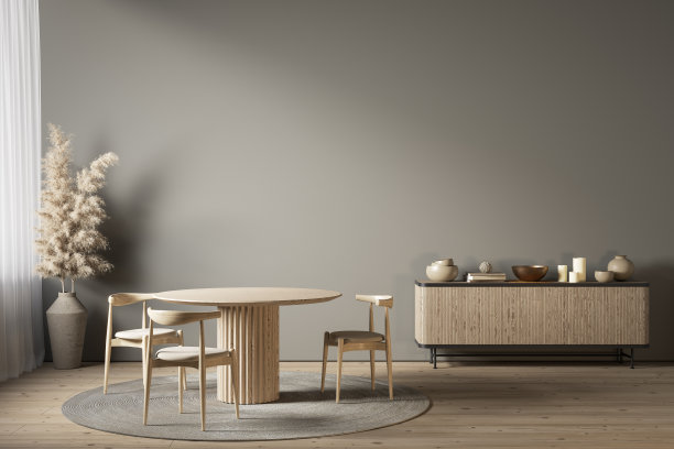 灰色的内部与餐桌，梳妆台和装饰。3d渲染插图模型。图片下载