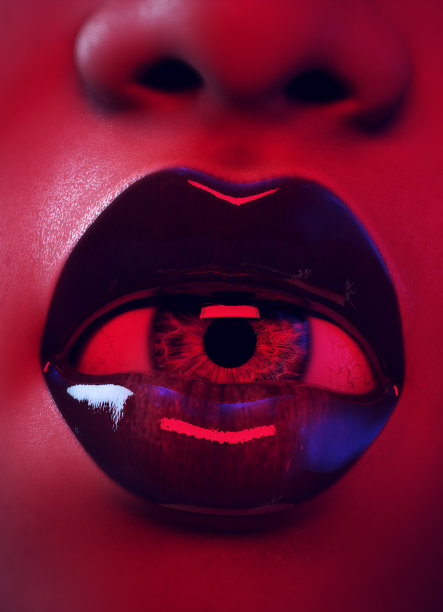红色粉红色蓝色恐怖外星女人张开嘴与湿眼球黑唇彩80年代风格照明万圣节脸图片下载
