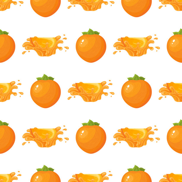 无缝的图案与新鲜明亮的柿子汁飞溅隔离在白色背景。健康生活方式的夏季水果。有机水果。卡通风格。矢量插图的任何设计。图片下载