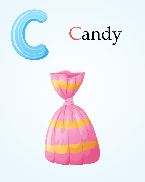 孩子横幅模板与英文字母C和糖果卡通形象的糖果插图在一个明亮的包装。图片下载