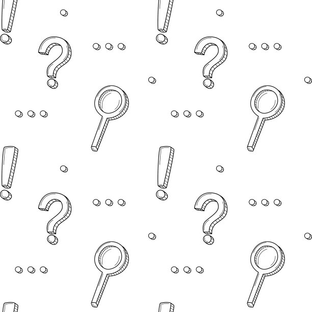 用标点符号，感叹号，问号，省略号，放大镜组成的简单无缝的学校模式。黑色和白色背景与孤立的手绘涂鸦轮廓元素。向量。图片下载