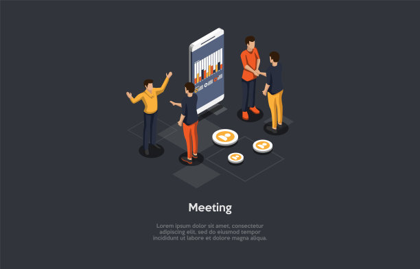 文字组合。等角矢量插图，卡通3D风格。会议的概念。一群人站在一起，屏幕上有大屏幕的智能手机。业务讨论图片下载