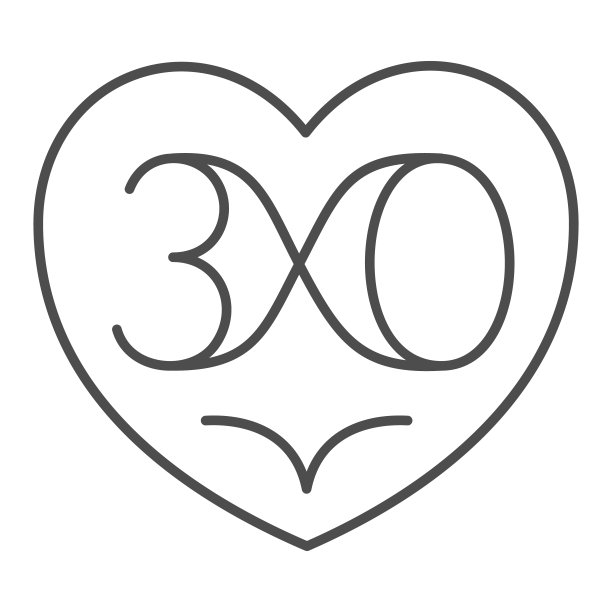 心与数字30作为无限细线图标，爱和关系概念，30矢量符号在白色背景，轮廓风格图标的移动概念和网页设计。矢量图形。图片下载