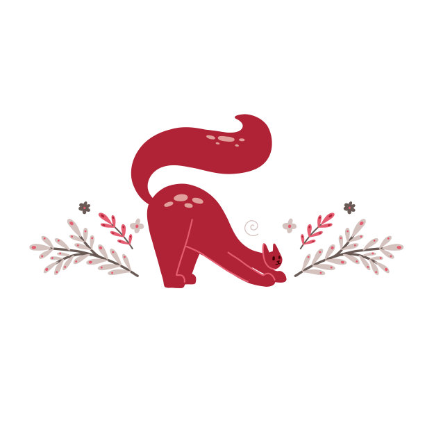 可爱的珊瑚伸展猫与花和树枝与树叶。精致的平面插图与白色背景上的花卉图案的宠物。向量温柔的明信片图片下载