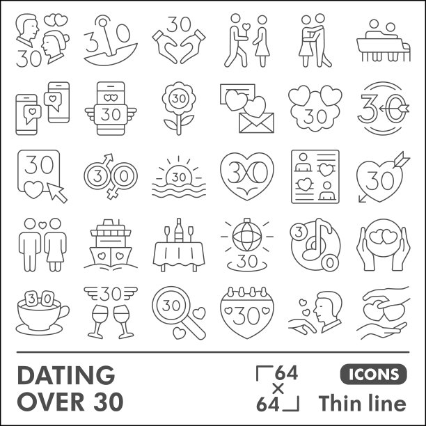 约会超过30行图标集，爱情和关系符号收集或素描。对日期细线线性风格标志的web和应用程序。矢量图形隔离在白色背景。图片下载