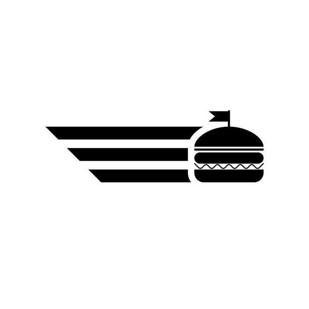 带有抽象翅膀的汉堡标志，汉堡外卖标志，黑白简约风格的快餐外卖贴纸。图片下载