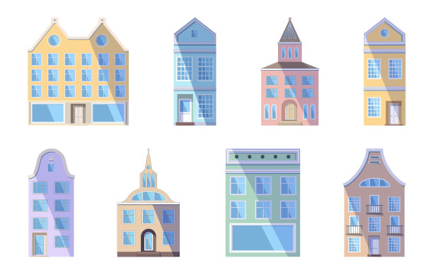 一套欧式鲜艳的老房子，商店和工厂在传统的荷兰小镇风格。矢量插图在平面风格孤立在白色背景。横幅的设计元素。图片下载