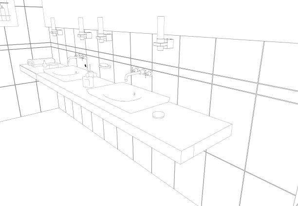 房间的轮廓与水槽从黑色线孤立在白色背景上。洗手盆和配件。矢量图图片下载