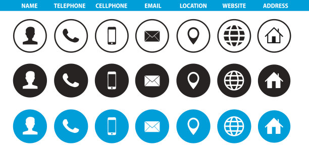 公司连接名片图标集。电话，名字，网站，地址，地点和邮件标志符号包。矢量插图形象。孤立在白色背景上。接触设计模板图片下载