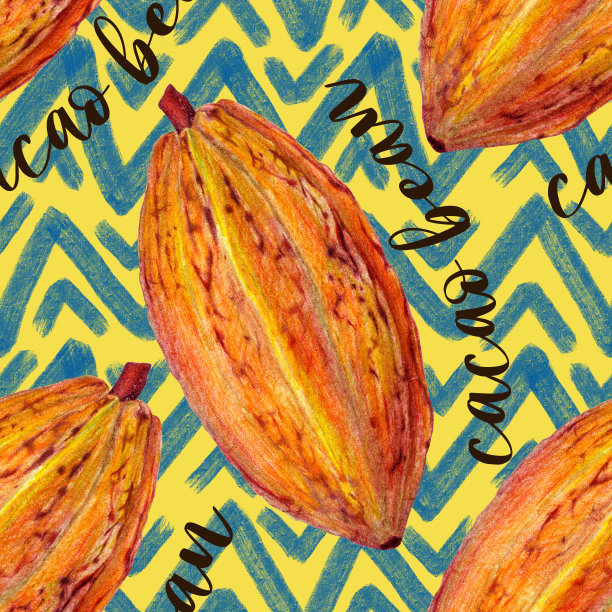 可可。巧克力。可可。专业彩色铅笔画。食物的例子。手了。刻字。无休止的重复模式。多种用途的创意平面设计。时尚鲜艳的颜色。图片下载