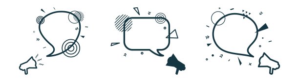 一套语音气泡和扩音器与抽象几何形状。轮廓扩音器贴纸和黑色框架上的白色背景。平坦的横幅与地方推广广告文字。矢量图图片下载