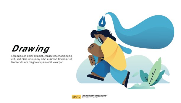 人物性格手持巨幅画笔。数字设计师工作和艺术概念。平面设计矢量插图登陆页图片下载