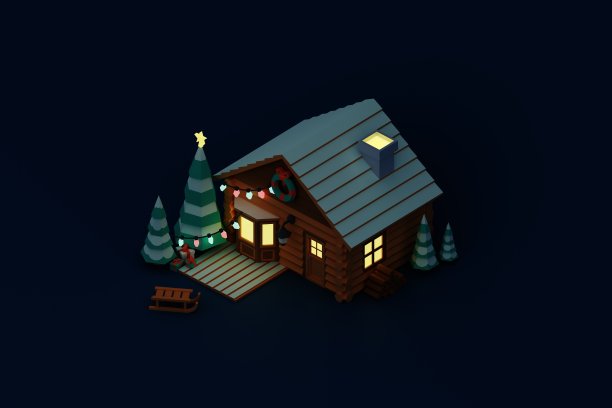 小屋在晚上装饰圣诞节庆祝活动。等距渲染图片下载