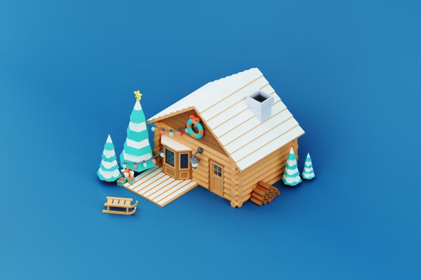 小屋在白天装饰圣诞节庆祝活动。等距渲染图片下载