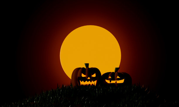 万圣节南瓜在月光阴森的夜晚。不给糖就捣蛋的派对。三维渲染图片下载