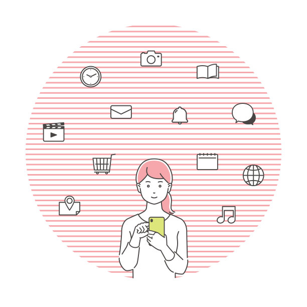 一名年轻女子在操作智能手机，上面有图标。三种颜色图片下载