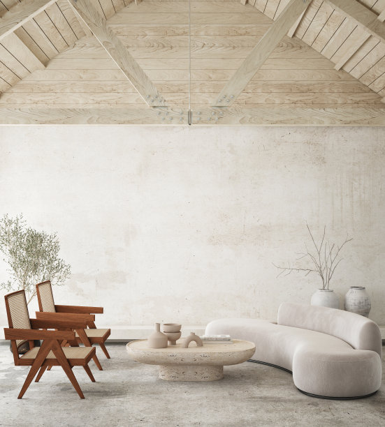 现代家居室内背景，客厅，海滨风格，3D渲染，3D插画图片下载