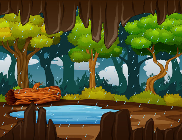 下雨天从洞口看风景图片下载