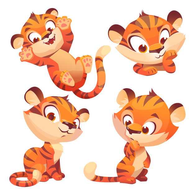 可爱的小老虎角色玩耍和思考图片下载