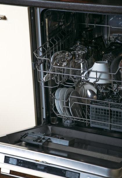 一个洗碗机正在洗盘子的特写镜头图片下载