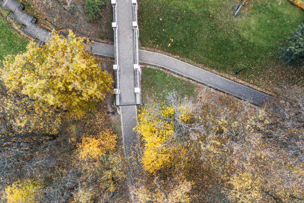 公园里的石桥附近有五颜六色的秋树。从无人机空中俯瞰。图片下载