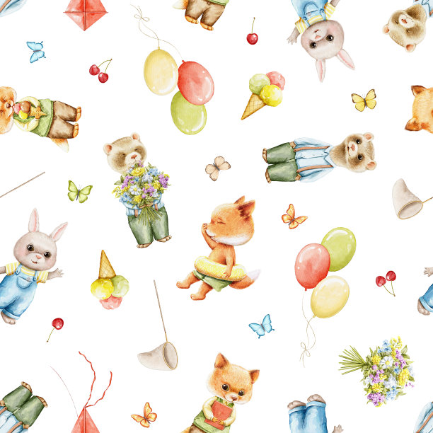 水彩无缝图案与明亮可爱的小动物在衣服和各种物品图片下载